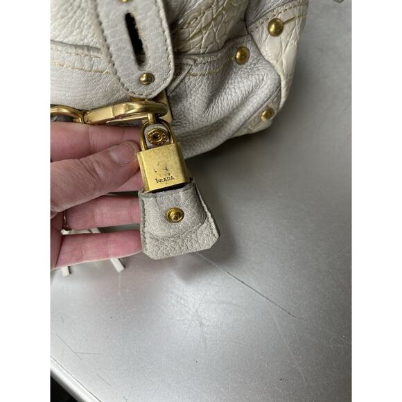 Prada Taupe Gold Leather Antik Cervo Fringe Large Bowler Bag Top Handle - Picture 9 of 16